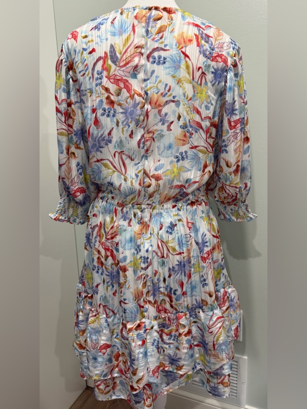 Melloday Floral Print Tiered Ruffle Mini Dress Smocked Waist Shimmer Large - Picture 5 of 10